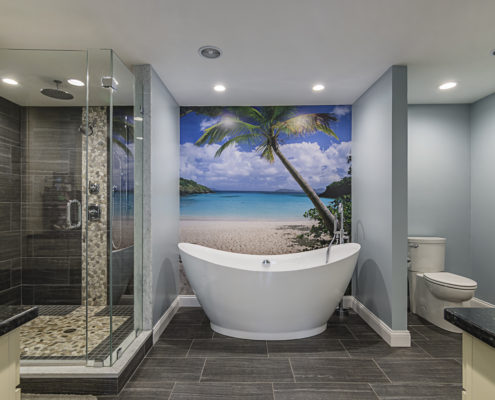 Master bathroom with walk-in shower, peaceful soaking tub and island mural